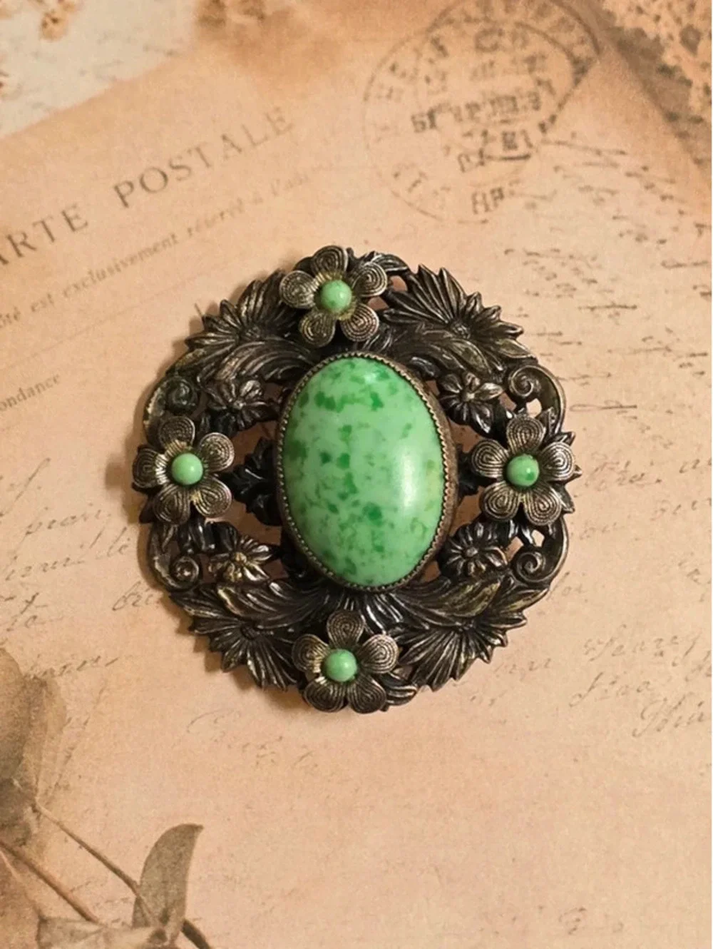 Art Nouveau Silver Tone Green Cabochon Floral Brooch Ornate Openwork